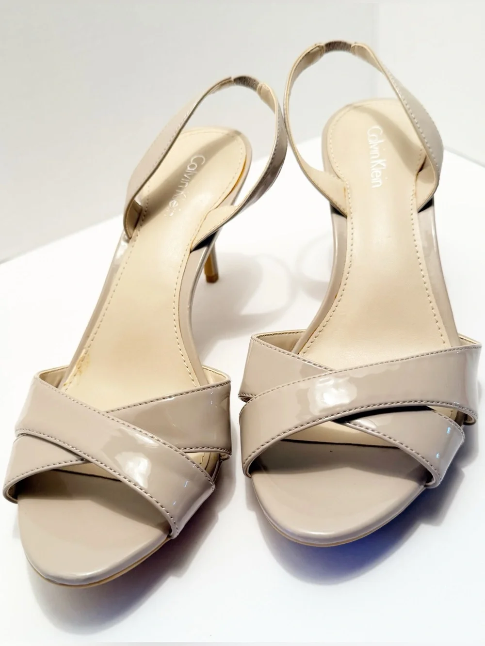 Calvin Klein Glossy Taupe Patent Slingback Heels